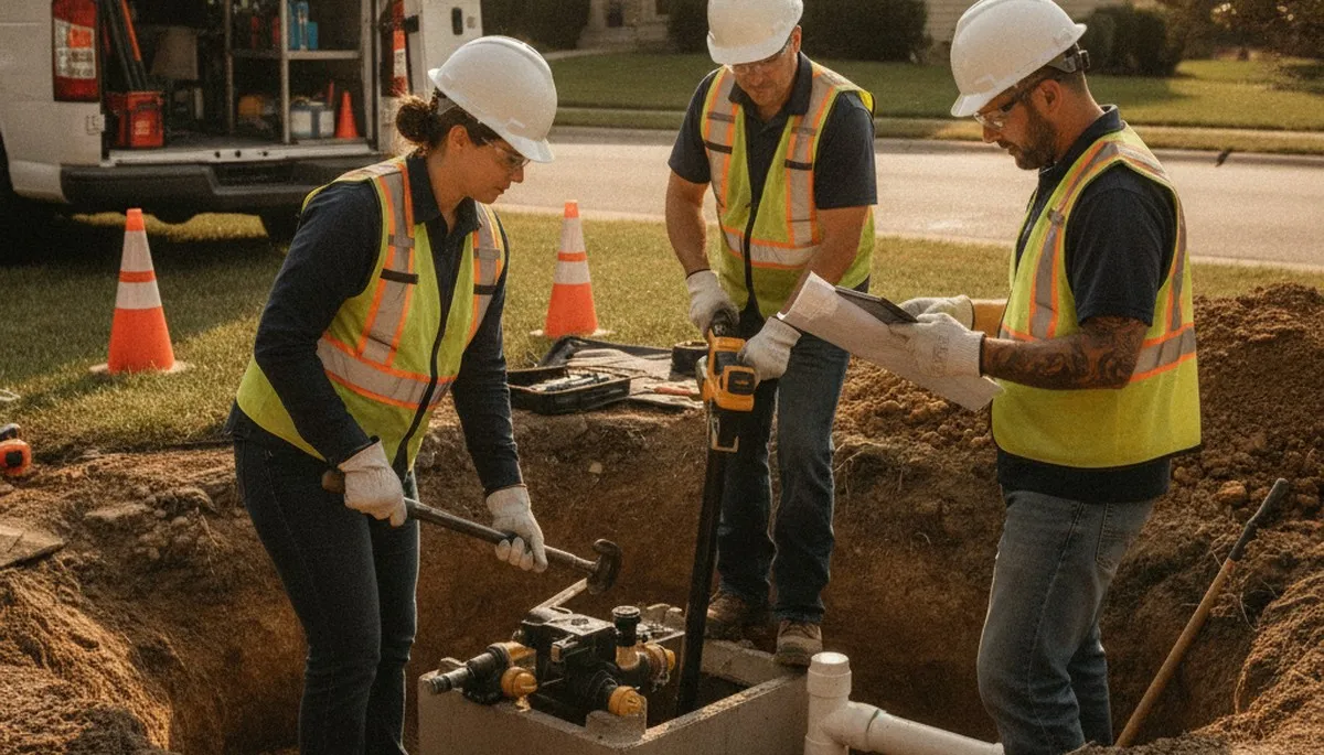 Septic repair plumber in San Mateo, CA inspecting home septic system for service call