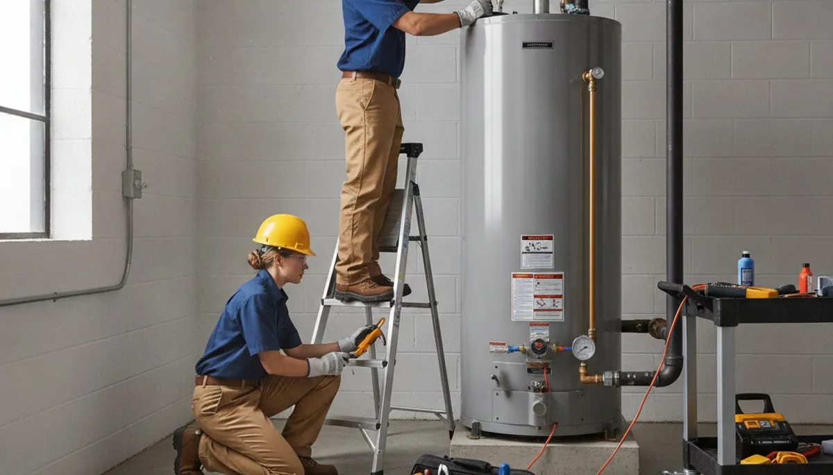 Water heater repair technician servicing a San Mateo, CA home water heater system